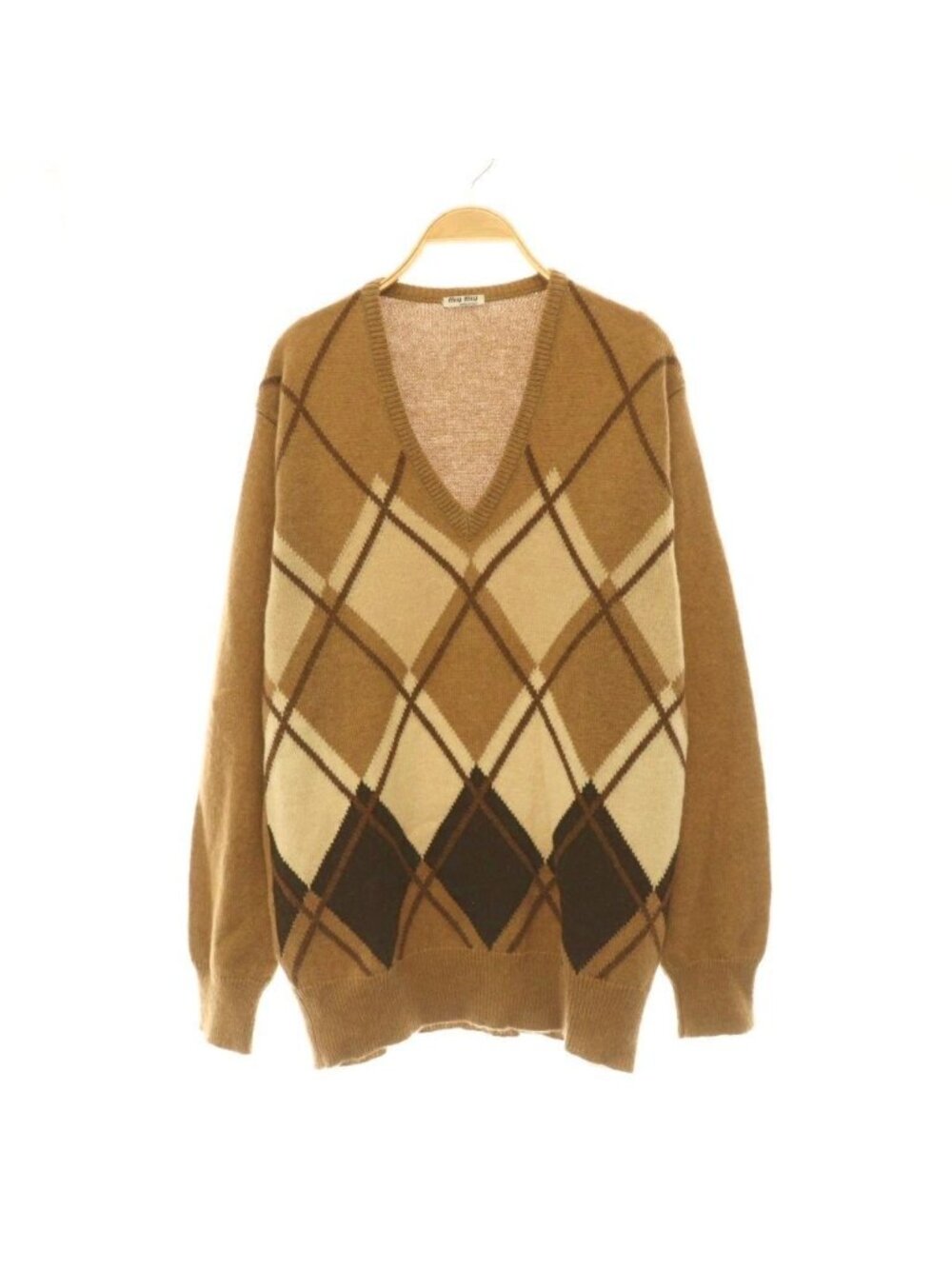 Miu Miu Argyle Camel Knit Sweater Long Sleeve Mocha Light Beige Brown 40